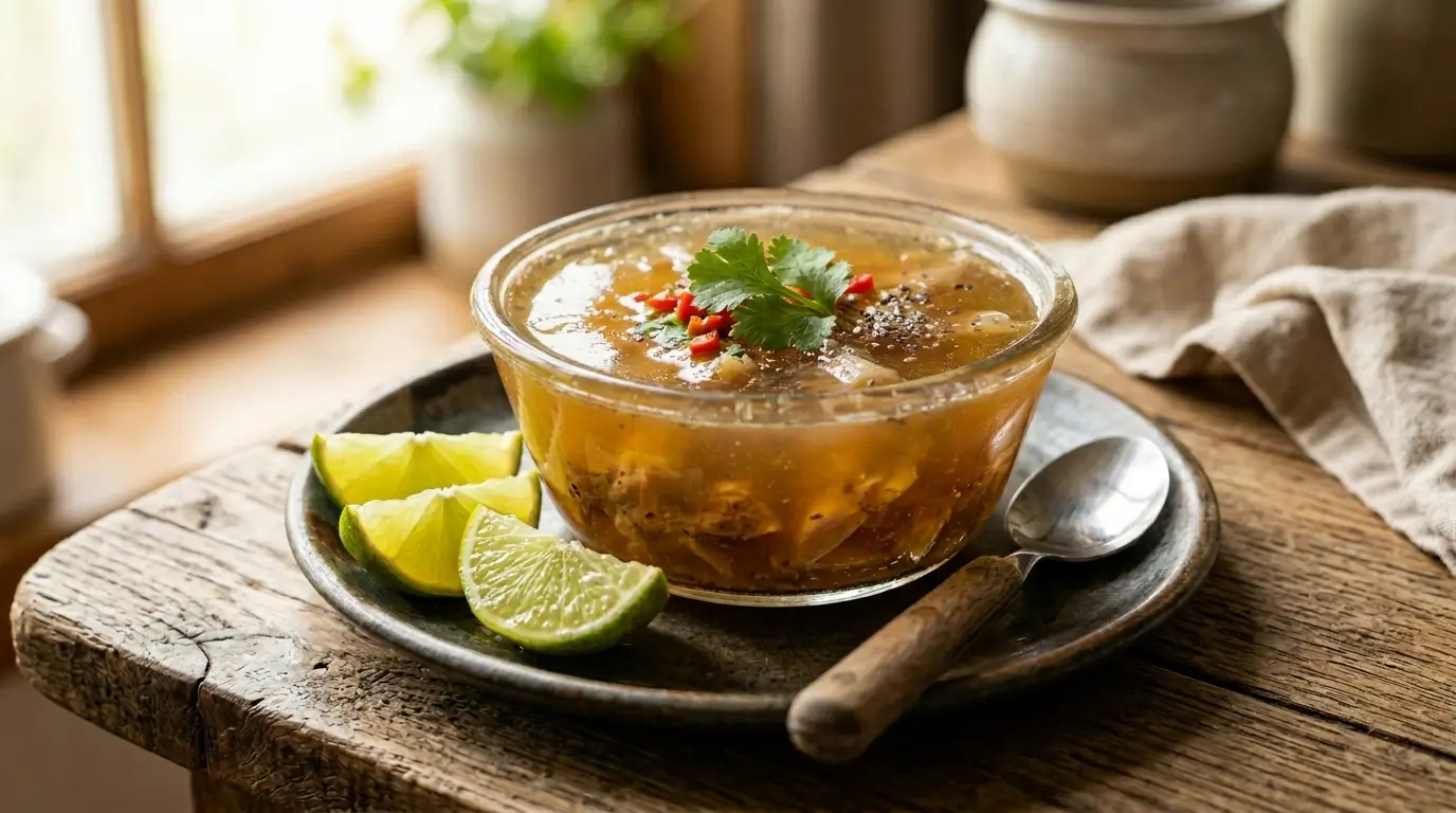 gelatina de pata de vaca servida en un molde con caldo dorado