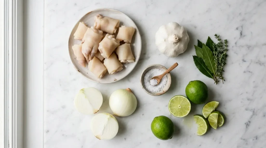 ingredientes para gelatina de pata de vaca: pata limpia, agua, ajo, cebolla, limón