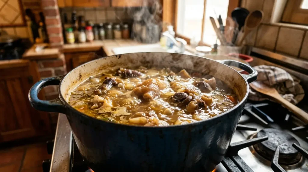 pata de vaca hirviendo en olla con caldo espeso y dorado