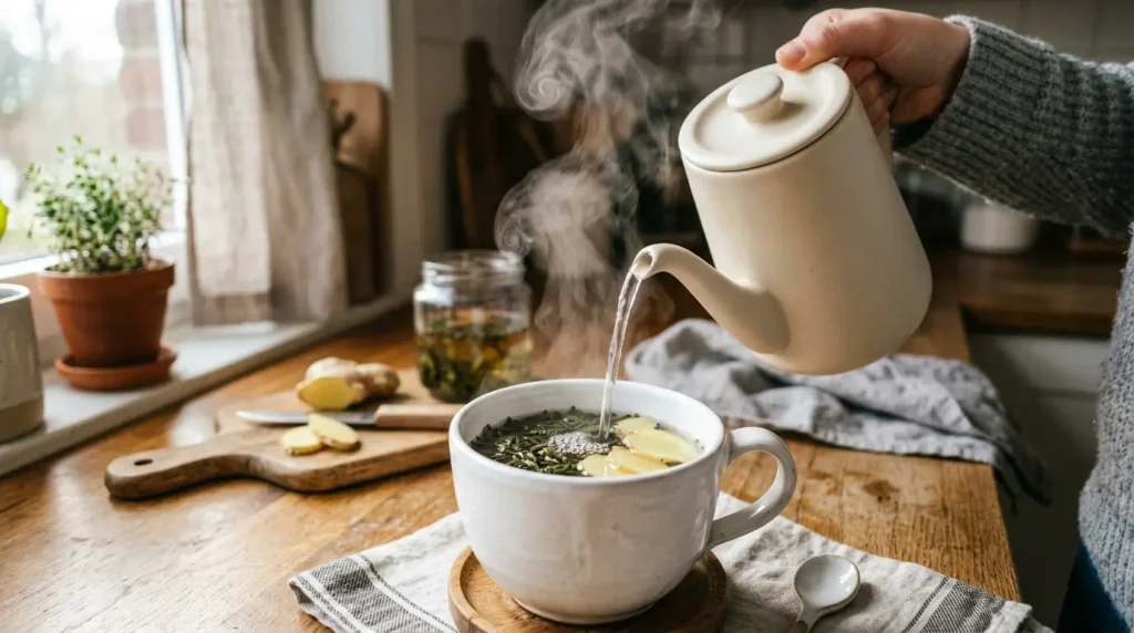 preparación de infusión adelgazante vertiendo agua caliente sobre té verde y jengibre