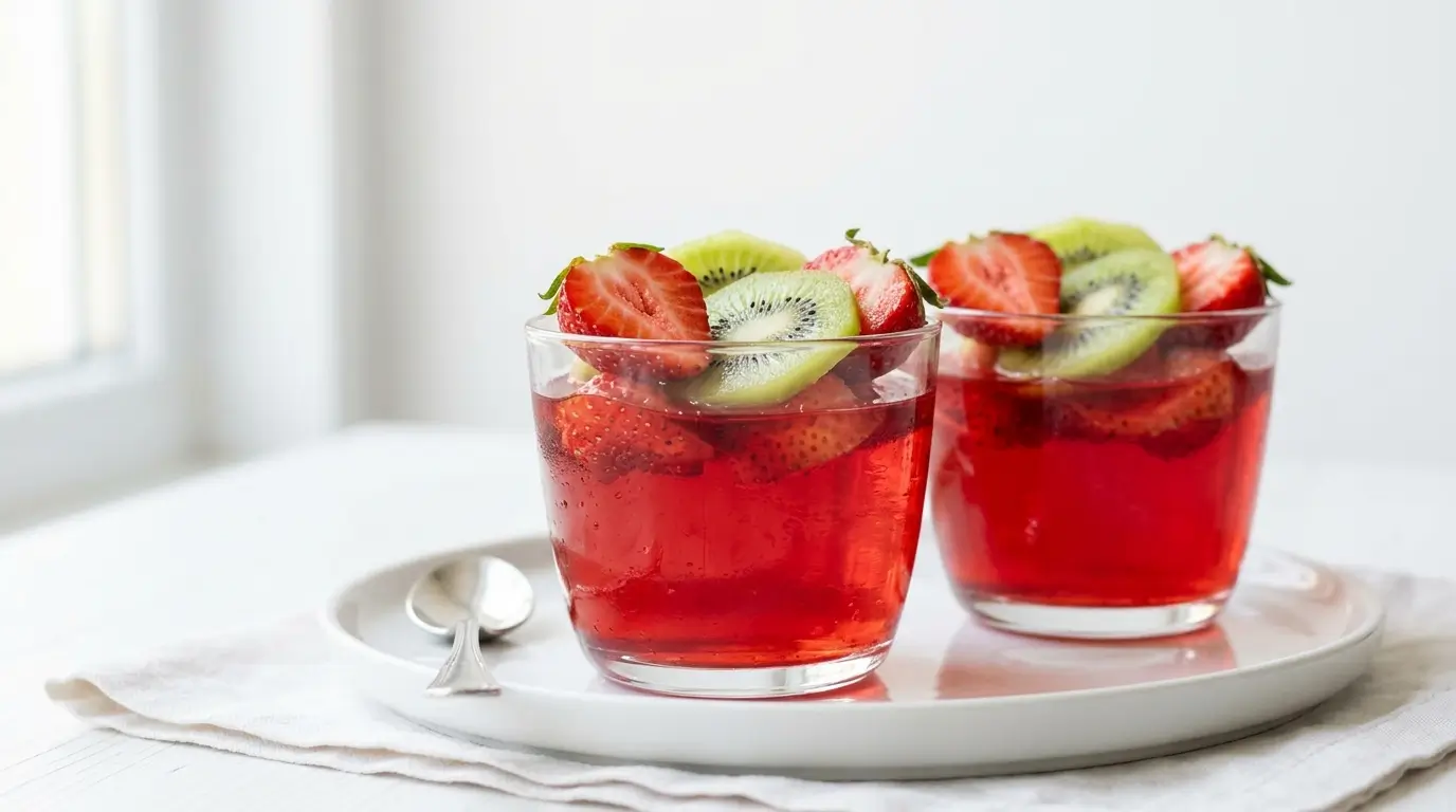 gelatina sin azúcar para adelgazar servida en copas con frutas frescas