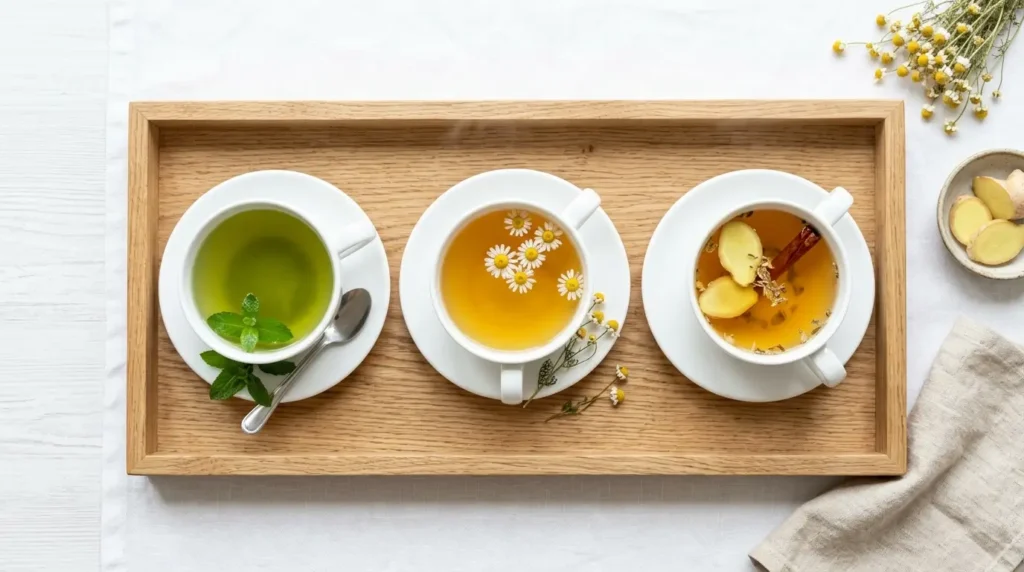 tres tazas con diferentes infusiones para adelgazar: té verde, manzanilla y jengibre