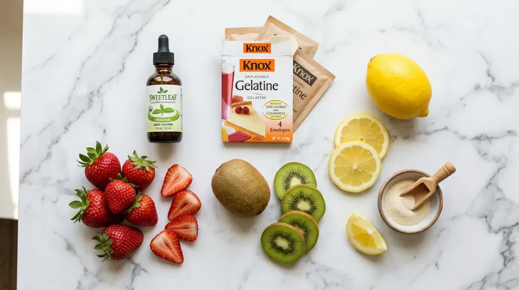 ingredientes para gelatina sin azúcar: grenetina, stevia, agua, frutas frescas