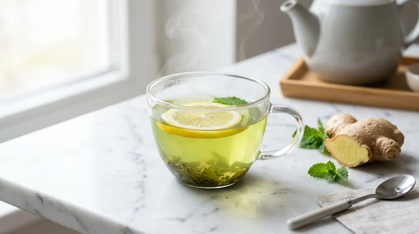 té verde para adelgazar con limón y jengibre en taza de vidrio
